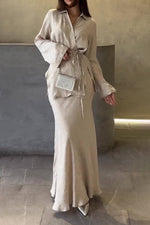 Beige Drape Tie Shirt Top and Skirt Two-Piece Set