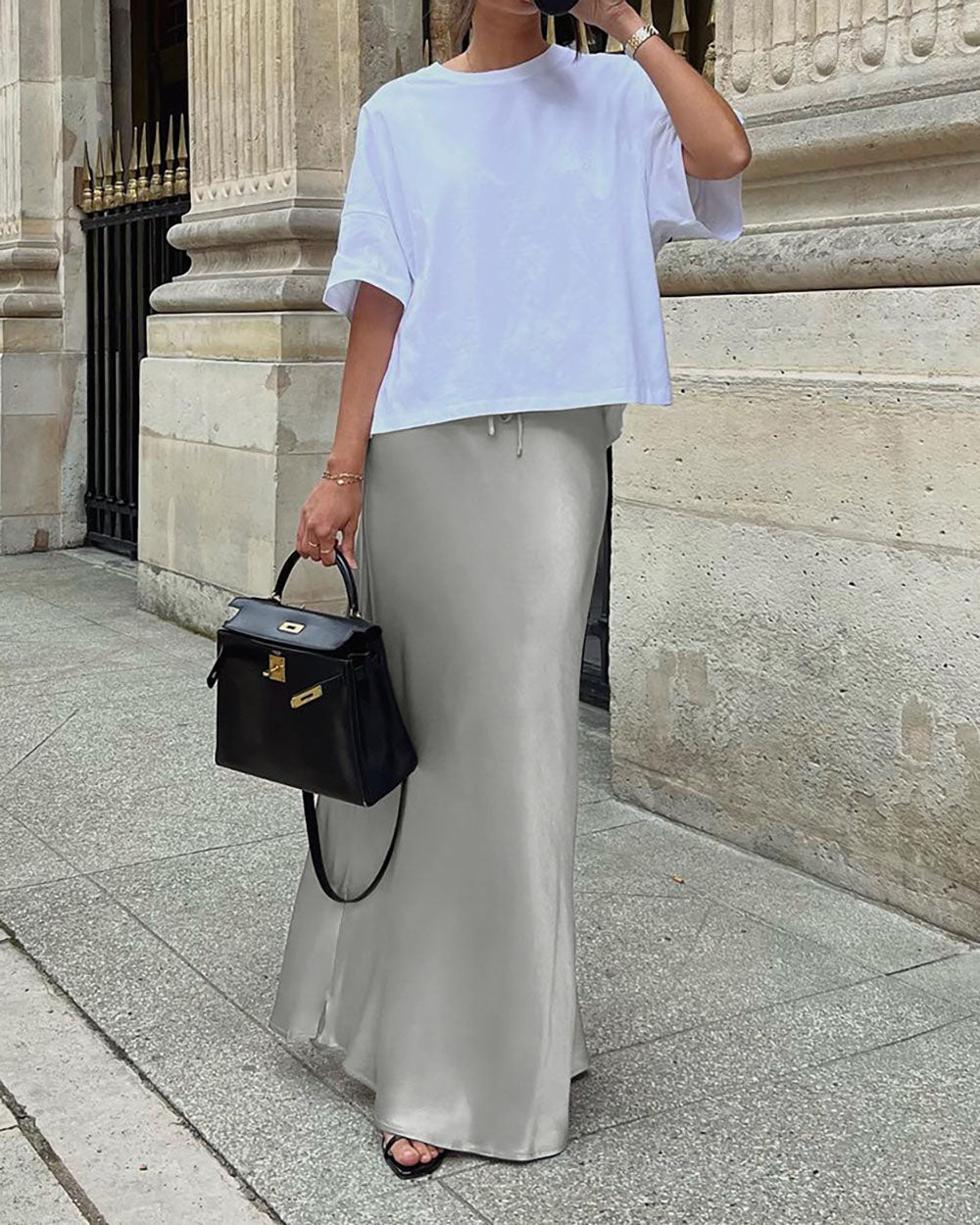 Gray Withdraw Satin Maxi Skirt