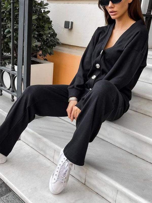 Casual Button-Down Knitted Top and Pants Two-Piece Set