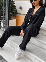 Casual Button-Down Knitted Top and Pants Two-Piece Set