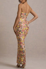 Embroidered Floral Slim Fit Slip Midi Dress