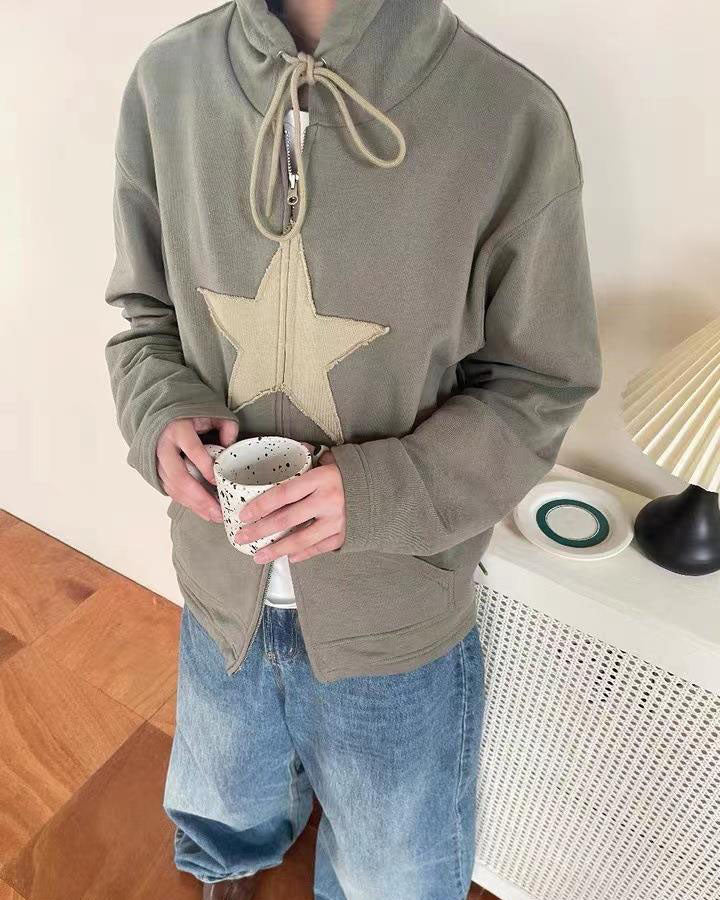 Patched Pentagram Trim Hooded Sweatshirt
