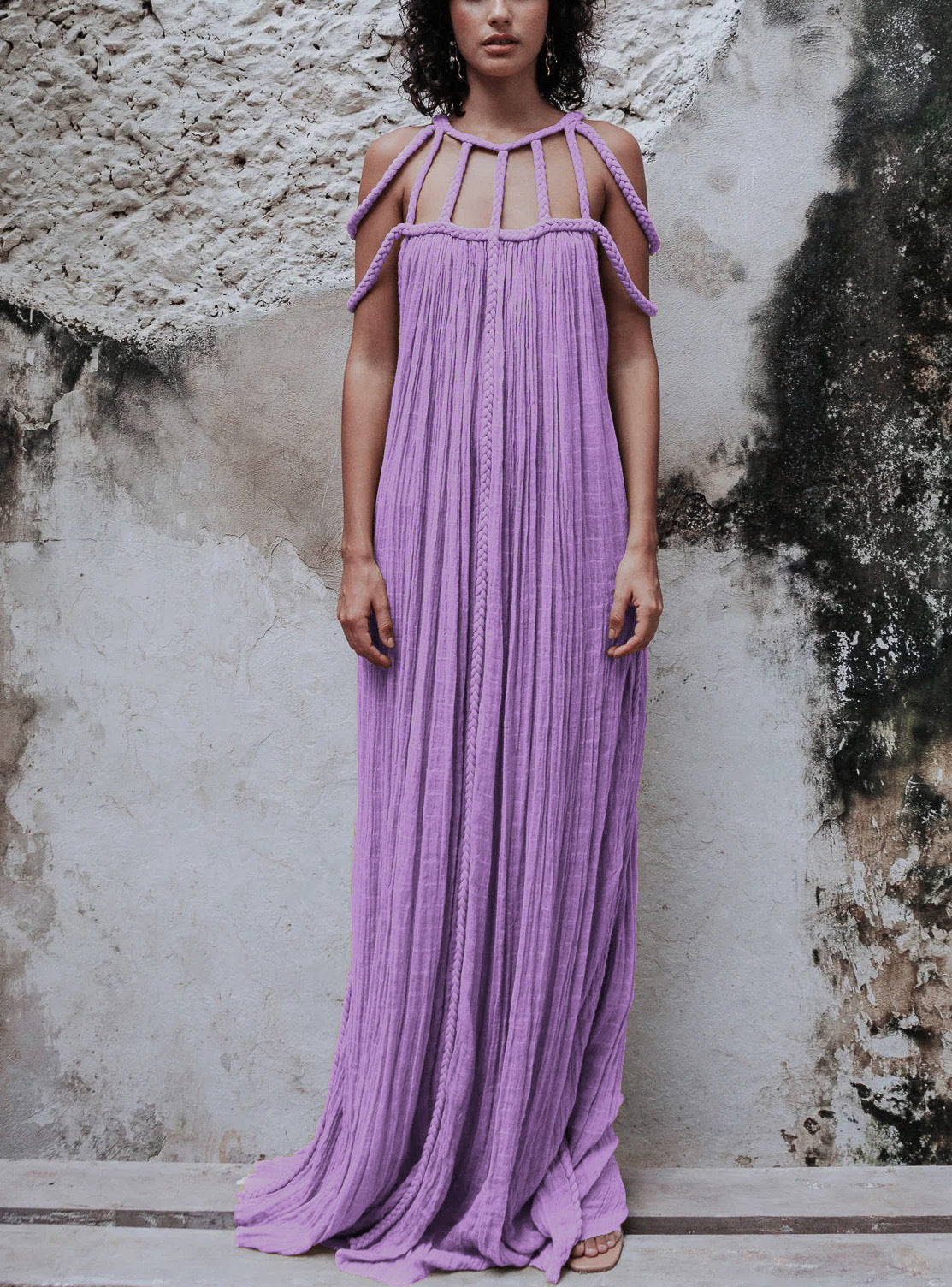 Braided Yoke Loose Fit Maxi Dress
