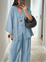 Casual Linen Top and High-Waist Pants Two-Piece Suit