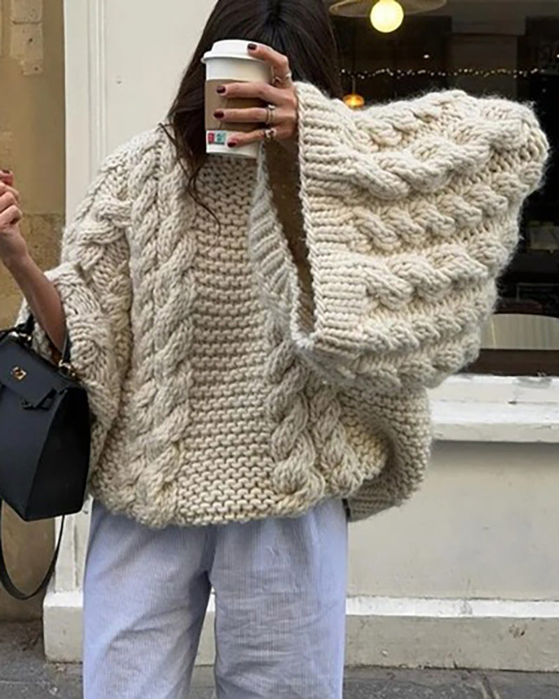 Cable Knit Bell Sleeve Slouchy Sweater