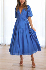 Solid Puff Sleeve Midi Dress