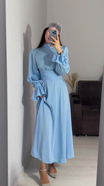 Solid Long-sleeved Belted Midi Dress