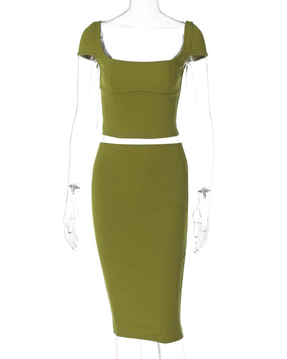 Elegant Green Crop Top and Midi Skirt Two Piece Suit
