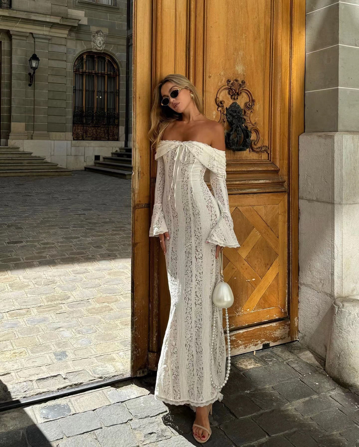 White Off-Shoulder Crochet Lace Midi Dress
