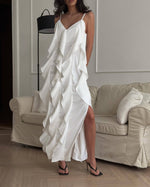 Ruffled High Slit Midi Dress
