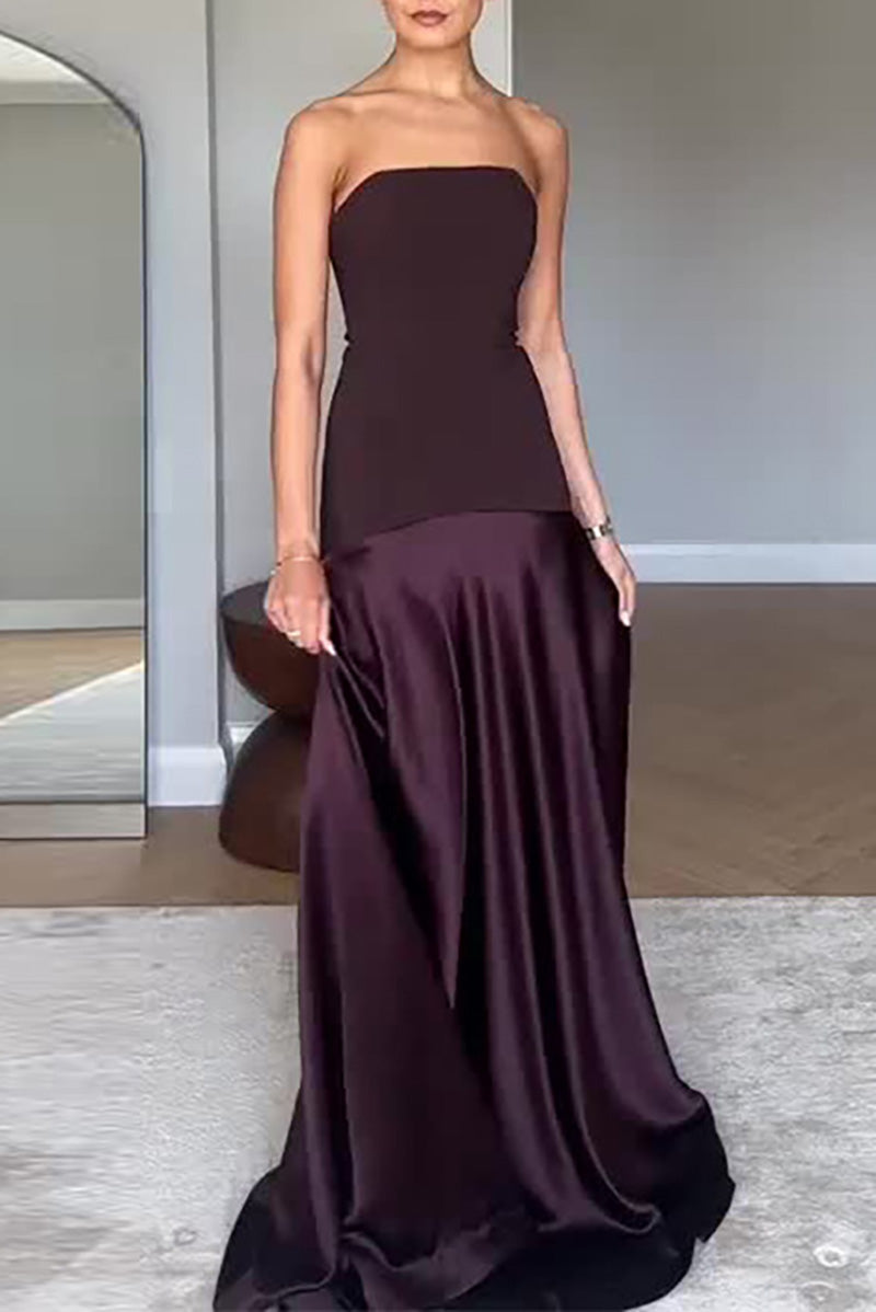 Purple Satin Paneled strapless Maxi Dress