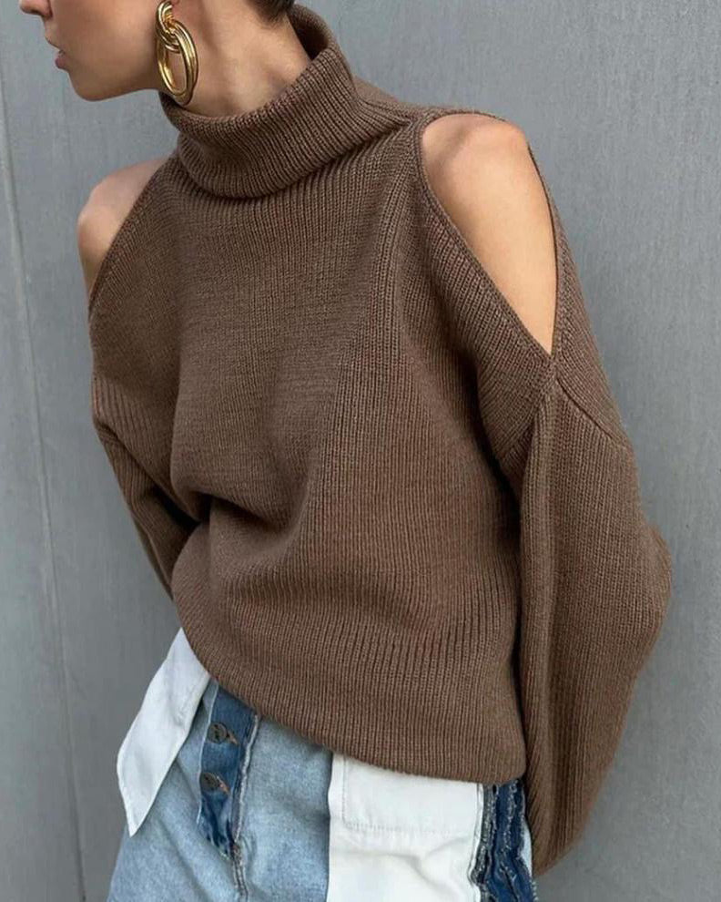Brown Cold Shoulder Turtleneck Knit Sweater
