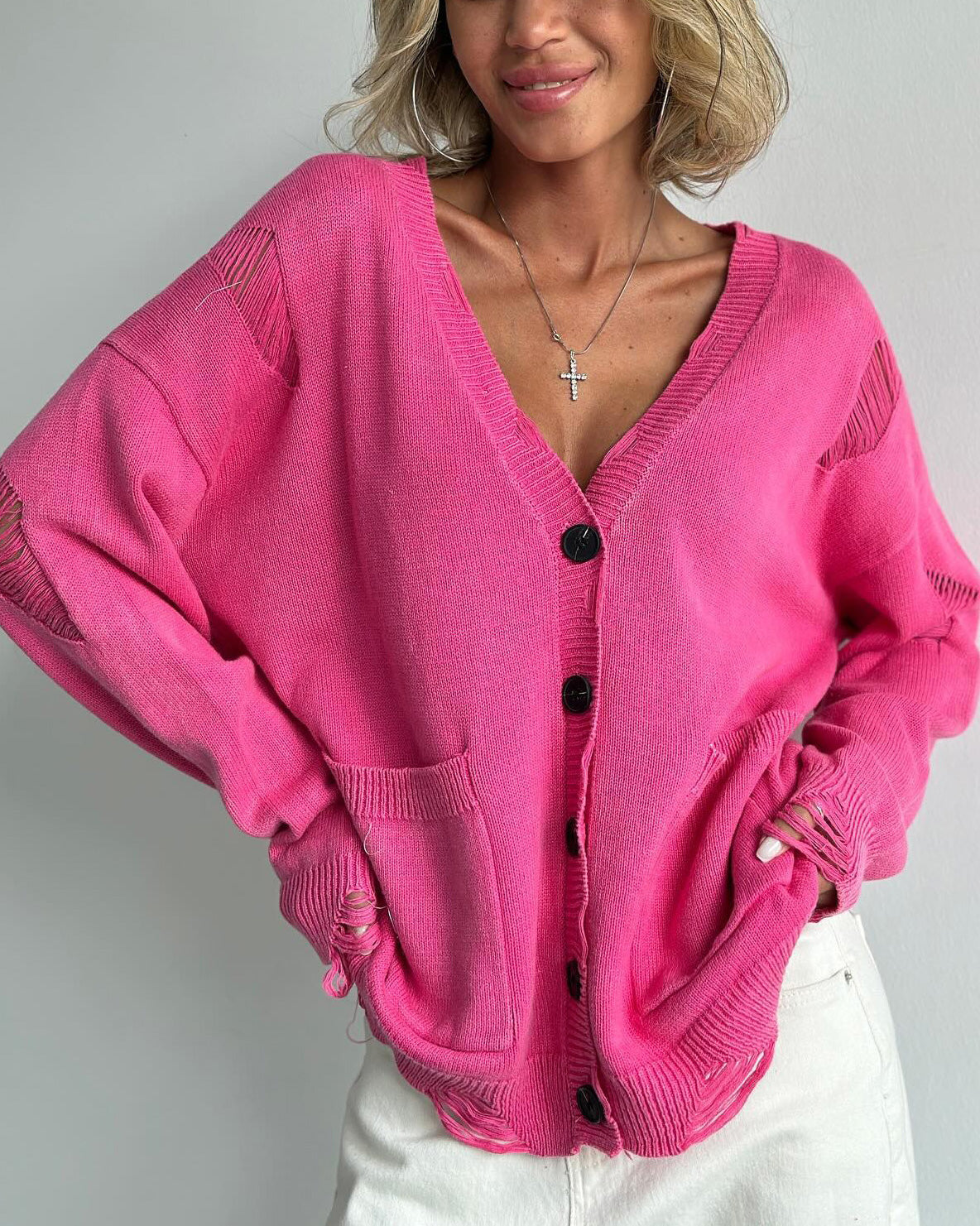 Distressed Front Button Down Cardigan