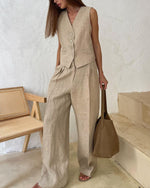 Comfortable Sleeveless Vest and Pants Linen Two Piece Suits