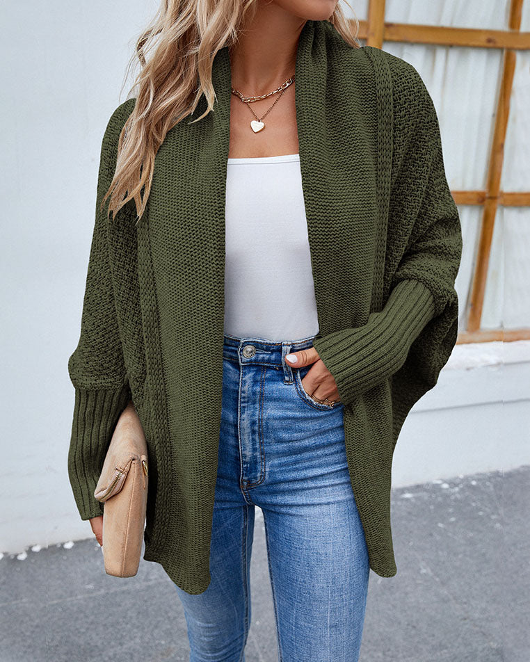 Solid Bat Sleeves Open Front Cardigan
