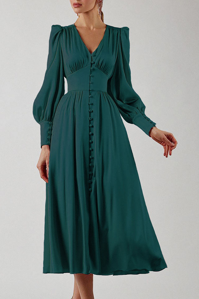 Elegant Lantern Sleeves Satin Midi Dress