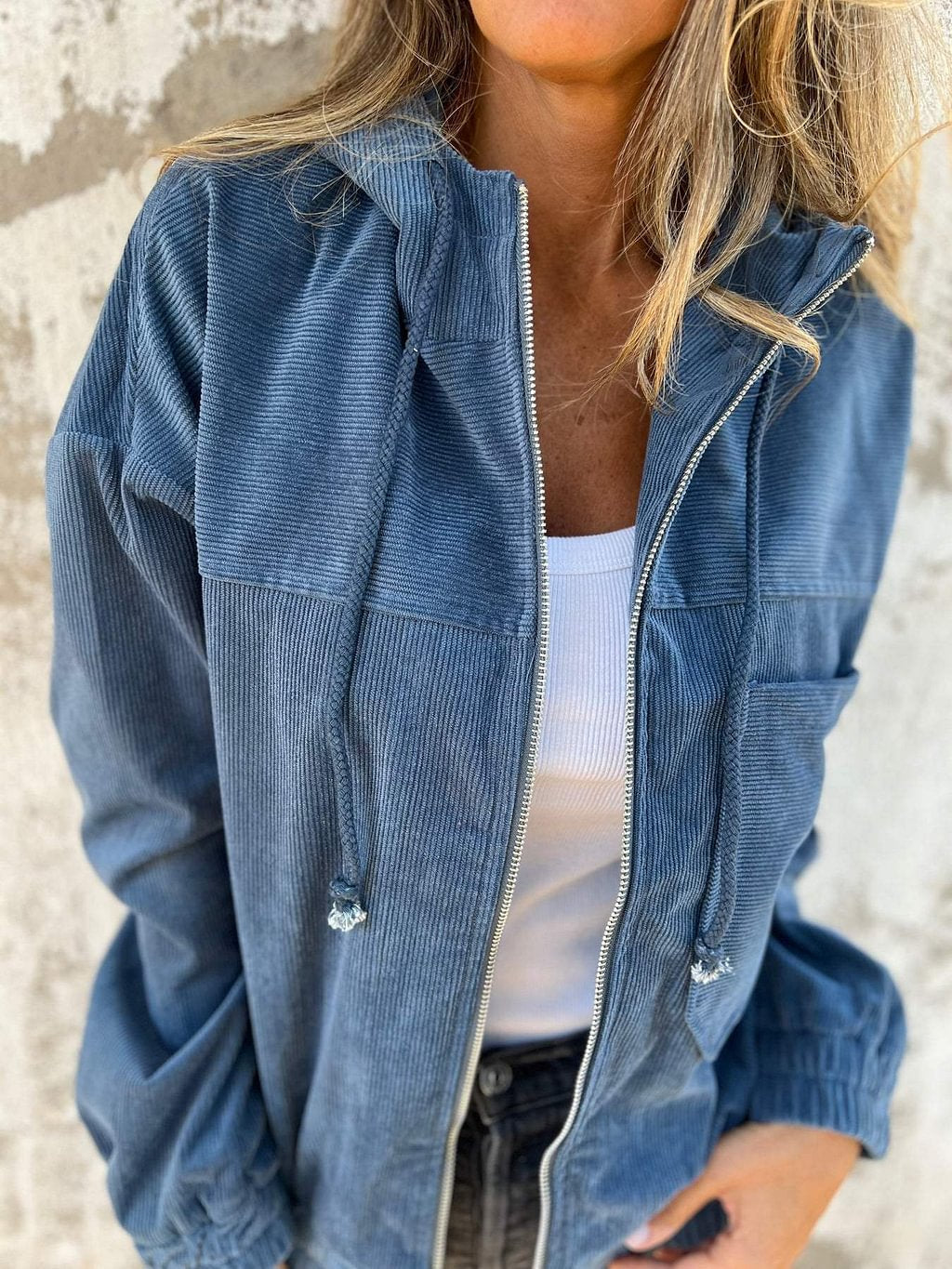 Casual Corduroy Hooded Zip-Up Jacket