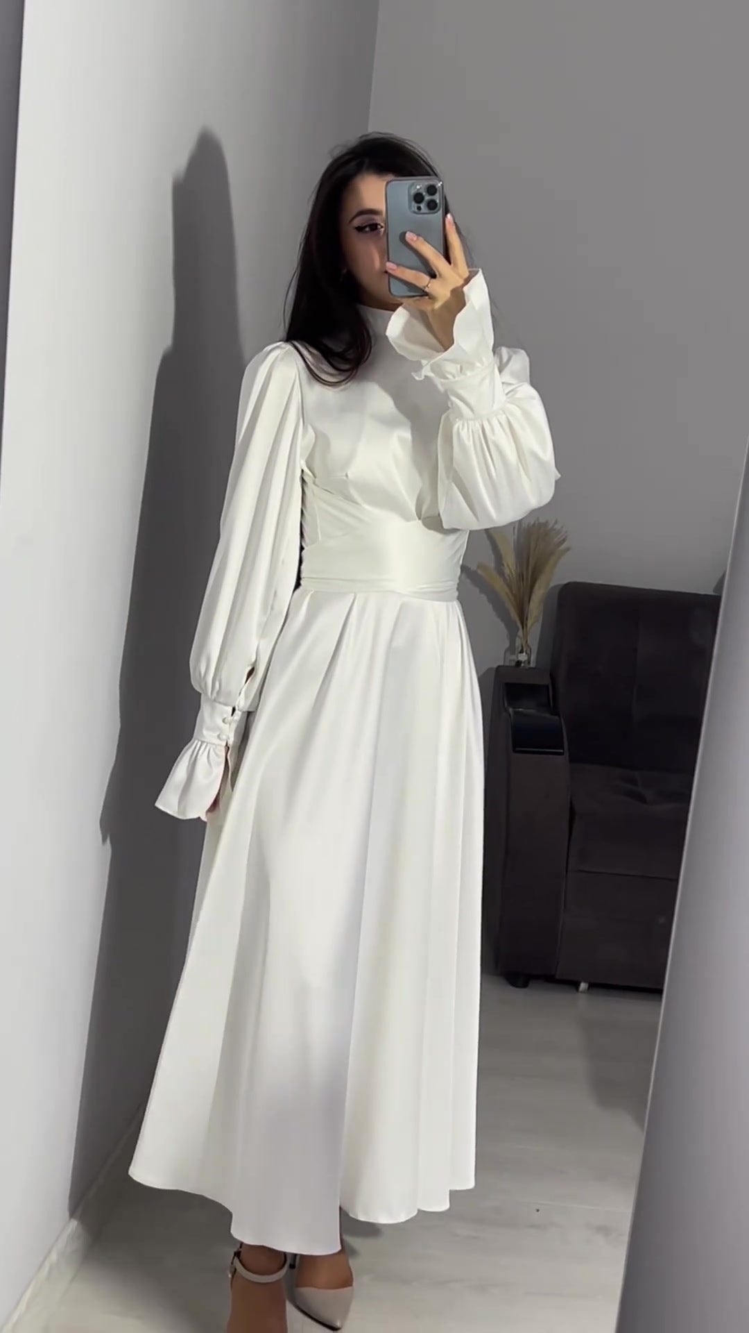 Solid Long-sleeved Belted Midi Dress