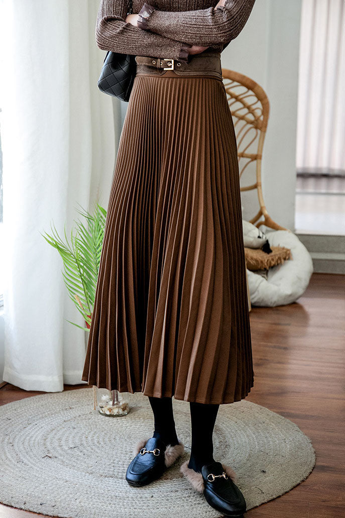 Solid Color Pleated Midi Skirt