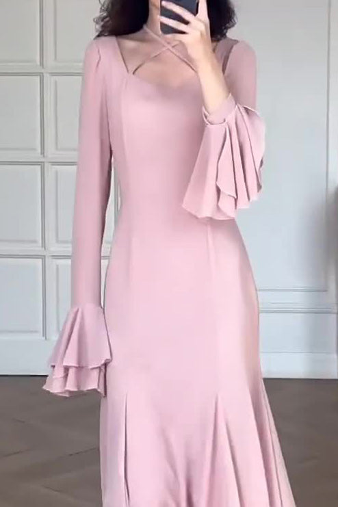 Pink Crossover Neck Flounced Cuff Maxi Dress