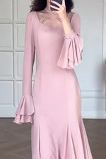 Pink Crossover Neck Flounced Cuff Maxi Dress