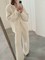 Thermal Hooded Cardigan and Pants Knit Two-Piece Set