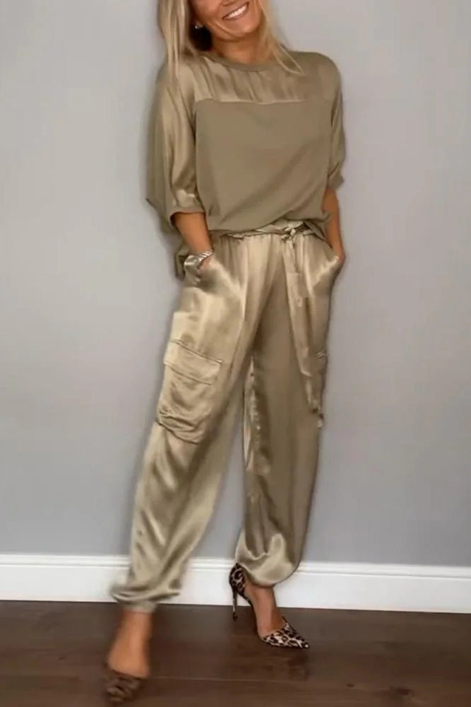 Casual Satin Half-sleeved Top and Pant Two-piece Sets