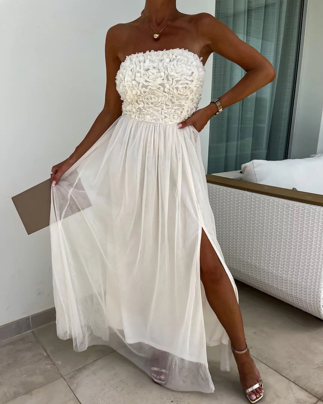 Rosette Bandeau Tube Maxi Dress
