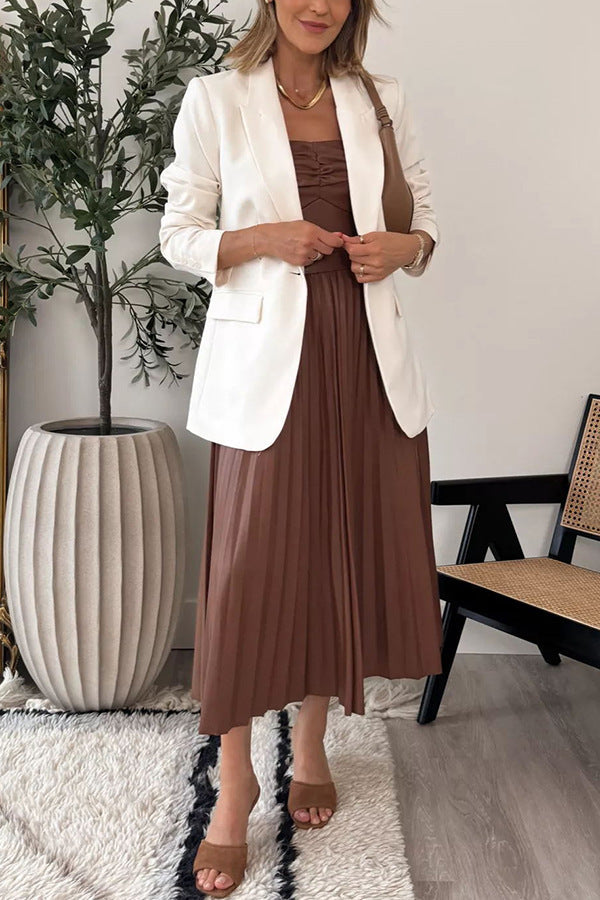 Faux Leather Pleated Strapless Midi Dress