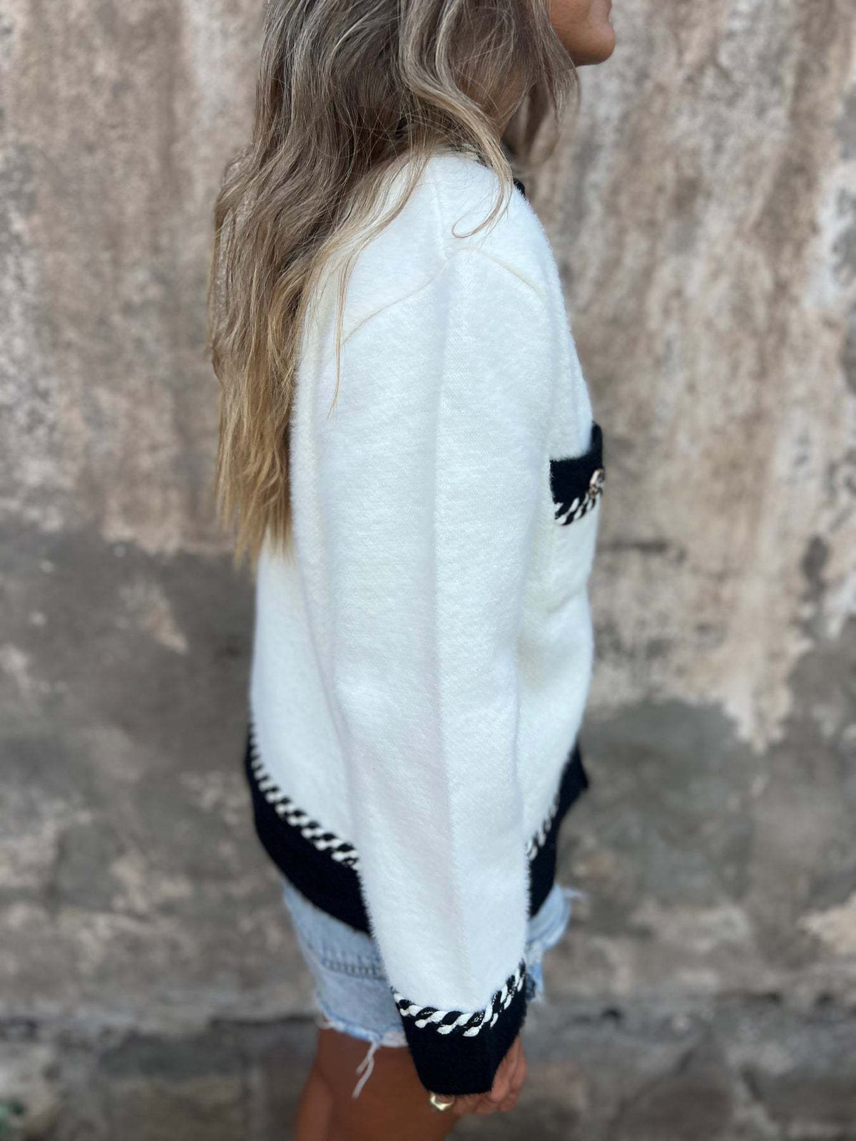 Black and White Button Placket Knit Jacket