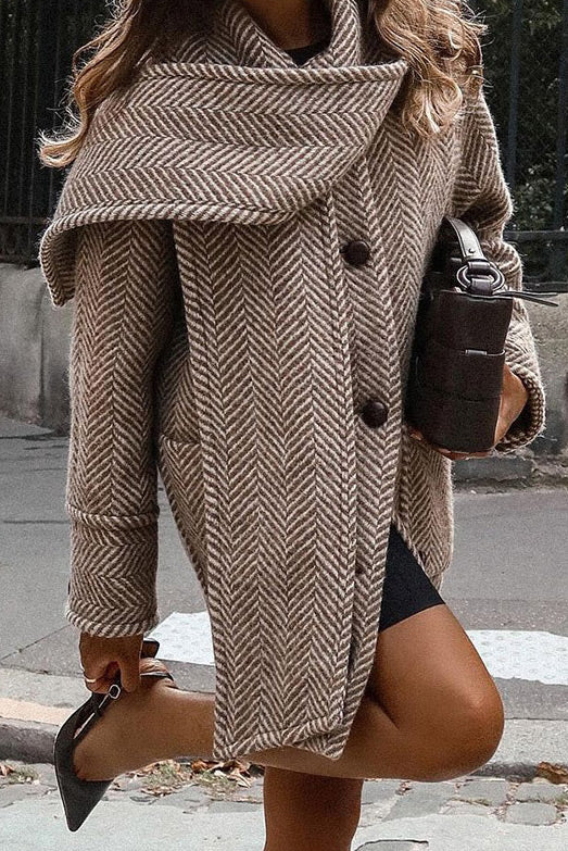 Khaki Striped Scarf Tweed Coat