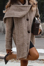 Khaki Striped Scarf Tweed Coat