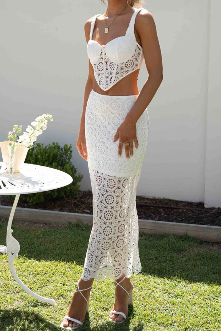 White Crochet Lace Tank Top and Skirt Two Piece Suit