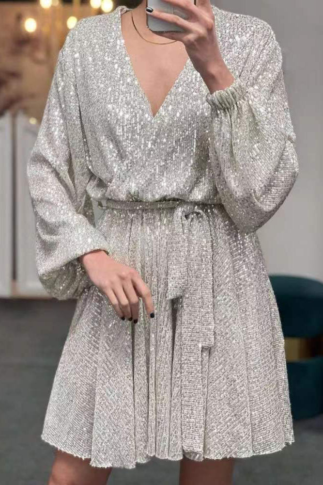 Sequin Long Sleeves Waist-Tie Mini Dress