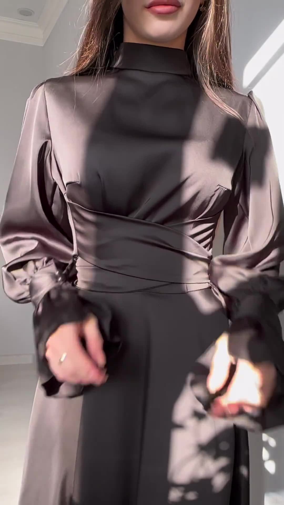 Solid Long-sleeved Belted Midi Dress