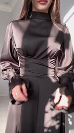 Solid Long-sleeved Belted Midi Dress