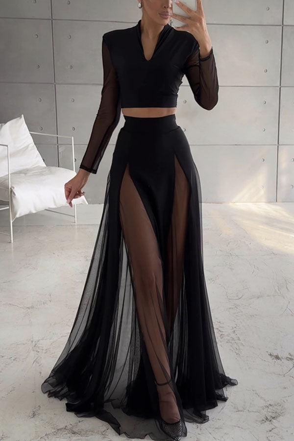 Black Long-Sleeved Top and Mesh Paneled Skirt Two-Piece Set