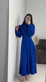 Solid Long-sleeved Belted Midi Dress