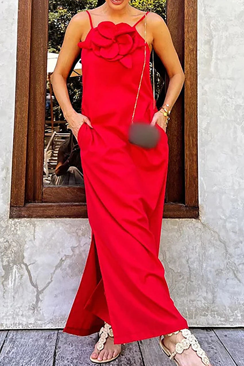 Rosette Embellished Linen Slip Dress
