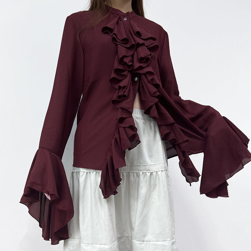 Solid Bell Cuffs Chiffon Ruffled Shirt