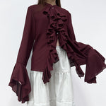 Solid Bell Cuffs Chiffon Ruffled Shirt