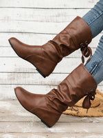 Back-Tie Trim Mid-Calf Leather Boots