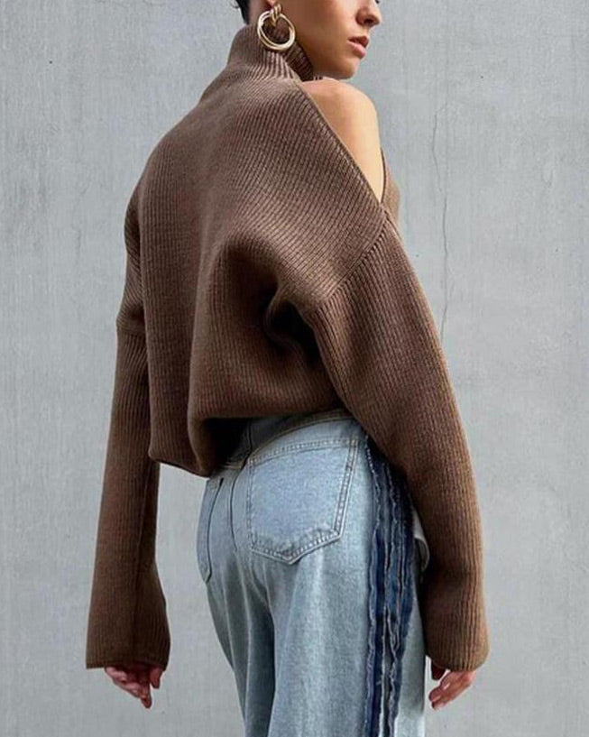 Brown Cold Shoulder Turtleneck Knit Sweater