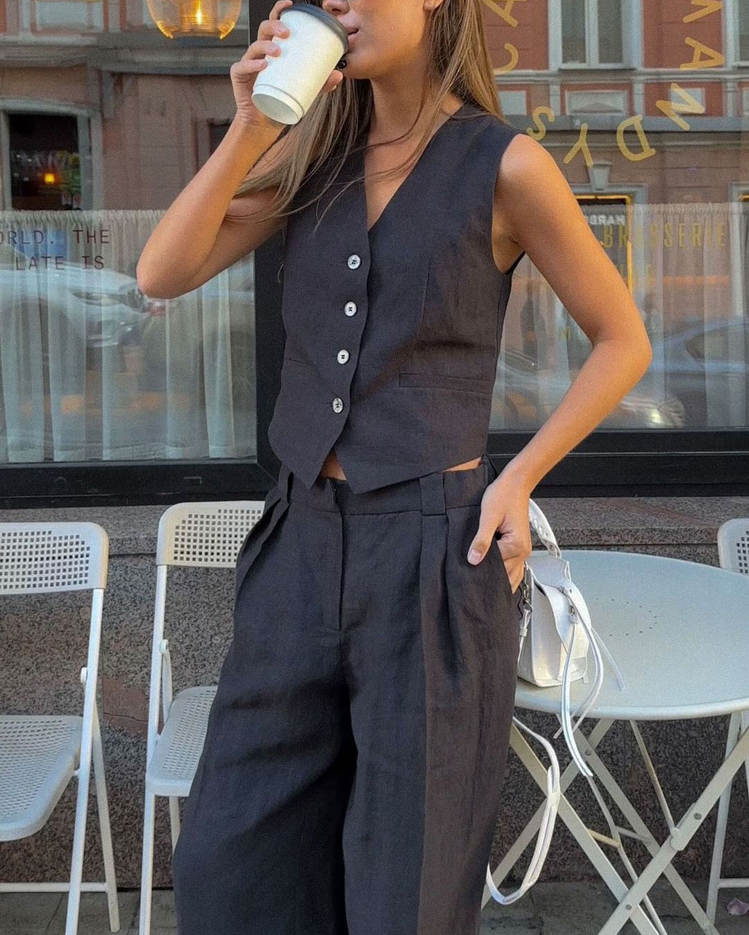 Comfortable Sleeveless Vest and Pants Linen Two Piece Suits