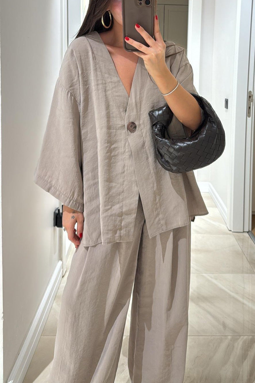 Casual Linen Top and High-Waist Pants Two-Piece Suit