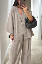 Casual Linen Top and High-Waist Pants Two-Piece Suit
