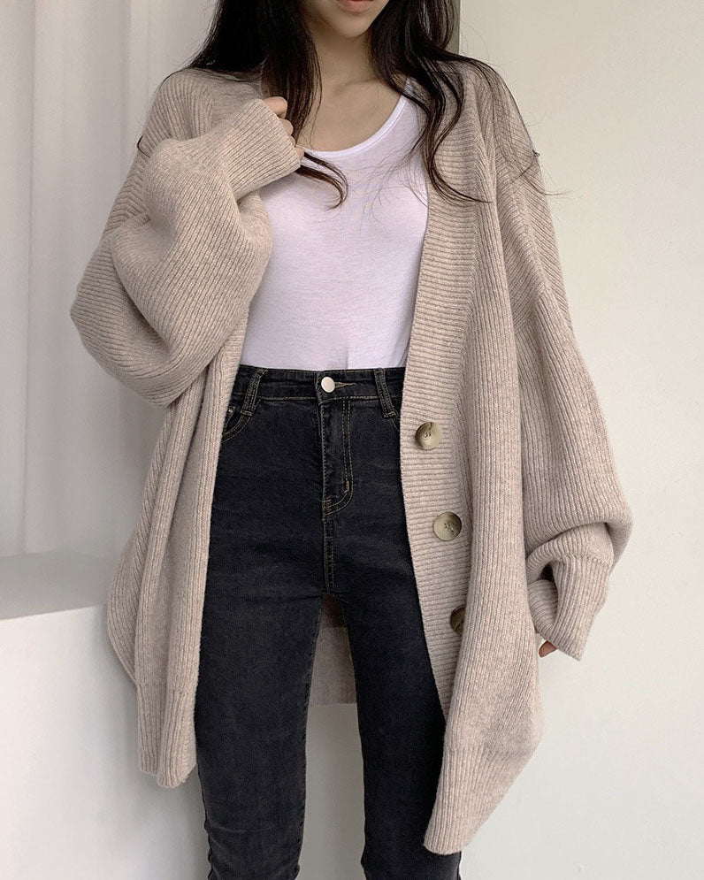 Casual Ribbed Knit Lantern Sleeve Cardigan