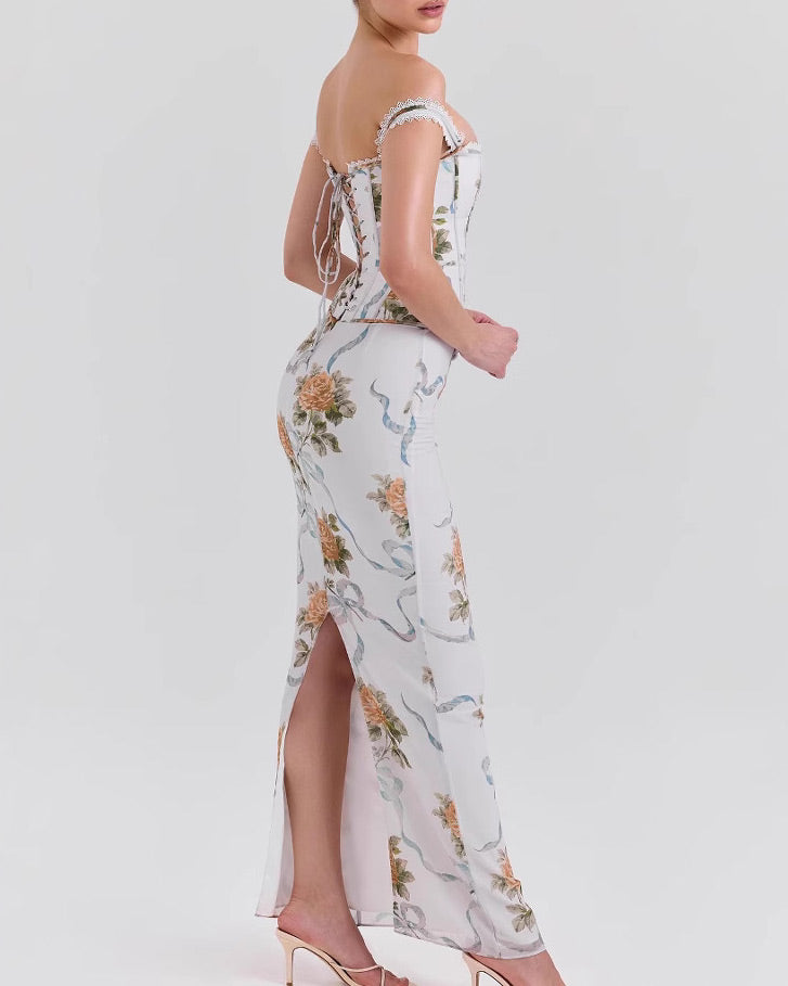 White Floral Off-Shoulder Bodycon Midi Dress