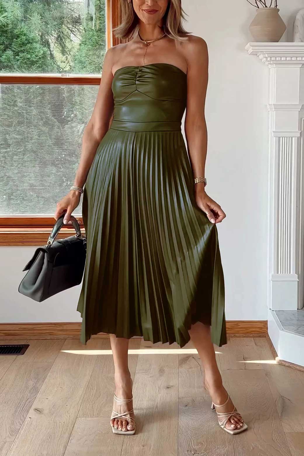 Faux Leather Pleated Strapless Midi Dress