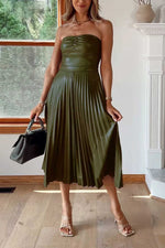 Faux Leather Pleated Strapless Midi Dress